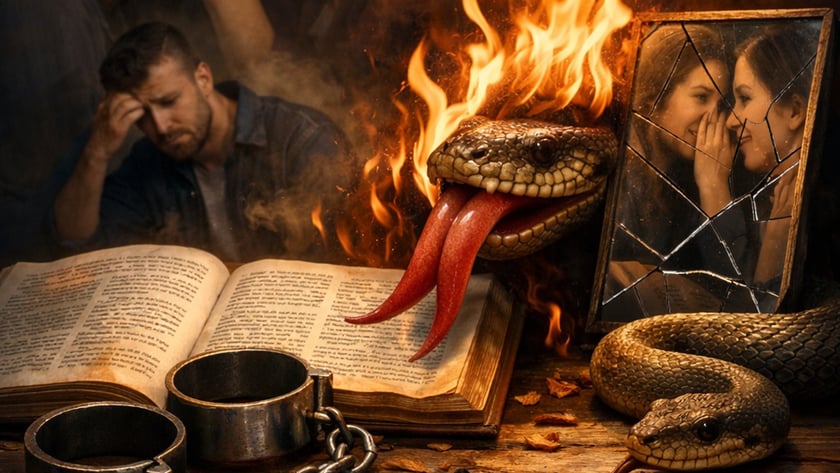 Duas mulheres cochichando, homem de cabeça baixa, serpente em chamas, livro aberto