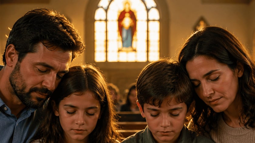 Família com pai, mãe e dois filhos reza de olhos fechados em um banco de igreja.