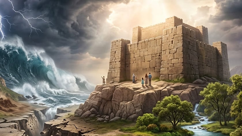 Família observa tempestade, onda gigante e terra rachada, de uma fortaleza de pedra sobre rochedo.