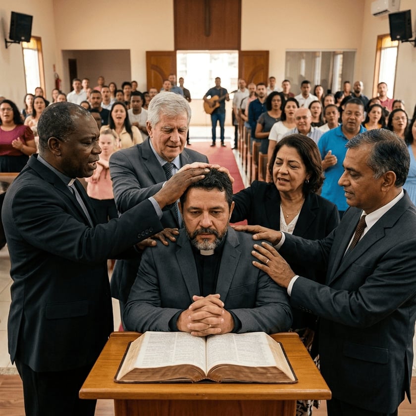 Pastores e uma mulher impõem as mãos sobre um homem sentado diante de uma Bíblia, em uma igreja.