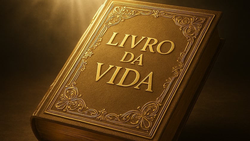 Livro de capa dourada ornamentada sobre superfície escura, com o título "Livro da Vida".