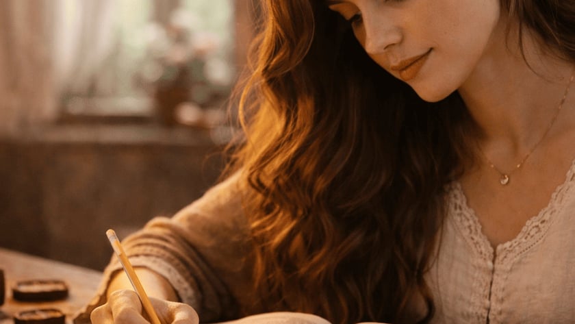 Mulher de cabelo castanho ondulado escreve a lápis em um livro aberto sobre uma mesa de madeira.