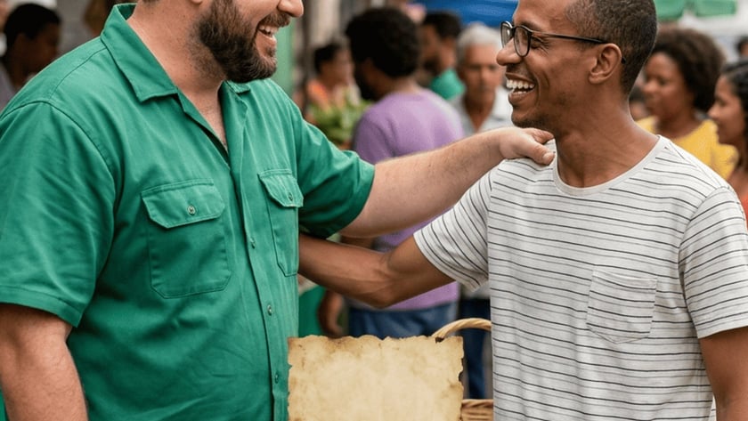 Dois homens sorriem e se cumprimentam em uma feira de rua movimentada, com barracas ao fundo.
