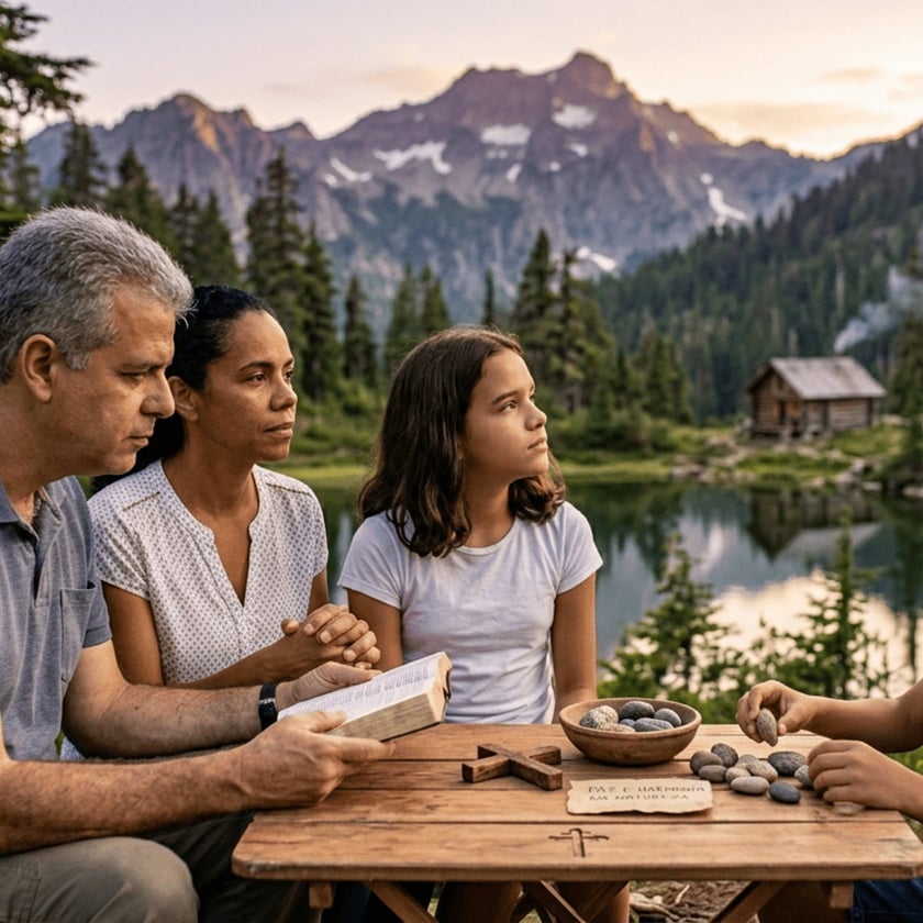 Família ao redor de mesa de madeira, com Bíblia, cruz e pedras, diante de lago e montanhas.