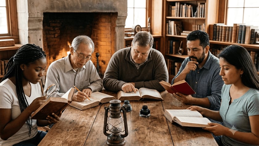 Quatro pessoas leem e estudam livros em uma mesa rústica, diante de uma lareira.