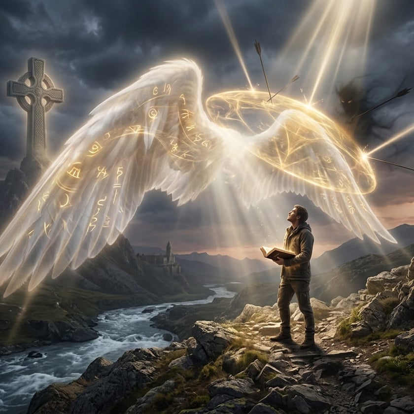 Homem com um livro aberto olha para grandes asas luminosas sobre montanhas e um rio.