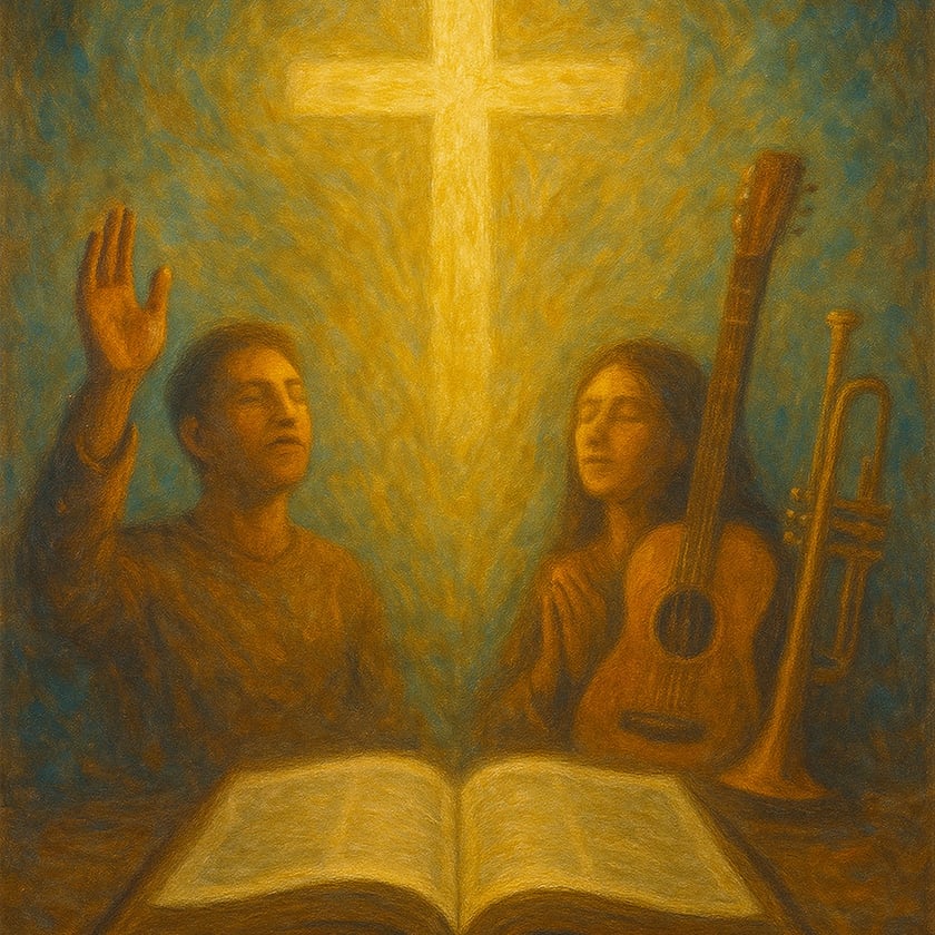 Homem com a mão erguida e mulher com violão, diante de uma cruz luminosa e uma Bíblia aberta.
