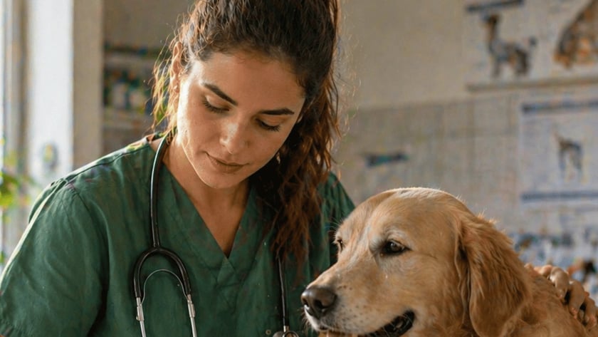 Veterinária de jaleco verde escreve em caderno ao lado de um cão sobre a mesa.