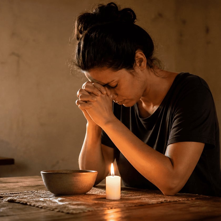 Mulher de cabelo escuro e mãos postas, de cabeça baixa, reza à mesa de madeira com vela.