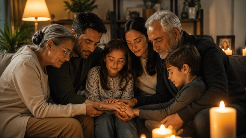 Família de várias gerações sentada junta, de olhos fechados e mãos unidas, cercada por velas acesas.