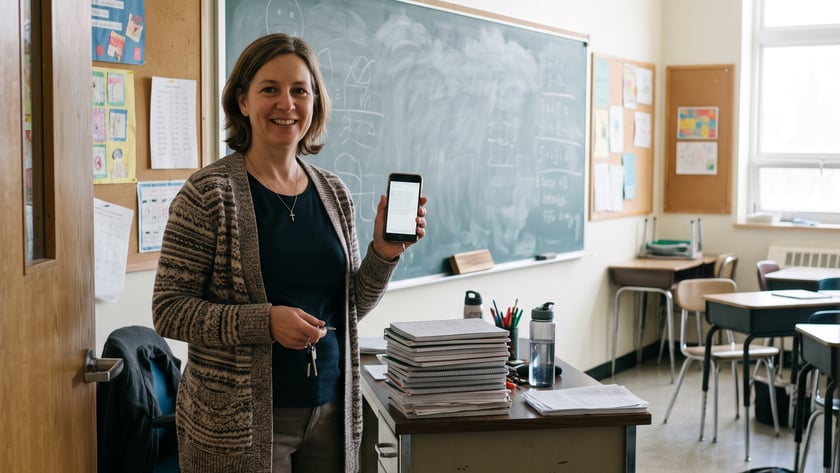 Mulher sorridente segura um celular em uma sala de aula, ao lado de uma mesa com cadernos
