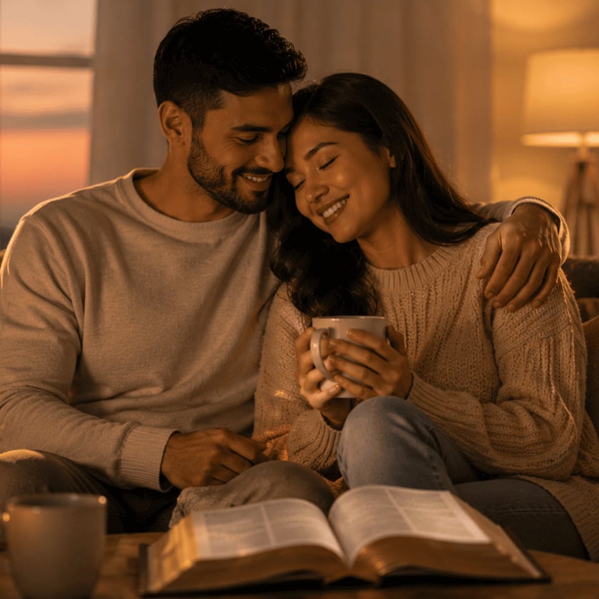Casal sorrindo abraçado no sofá, com xícaras e uma Bíblia aberta na mesa.