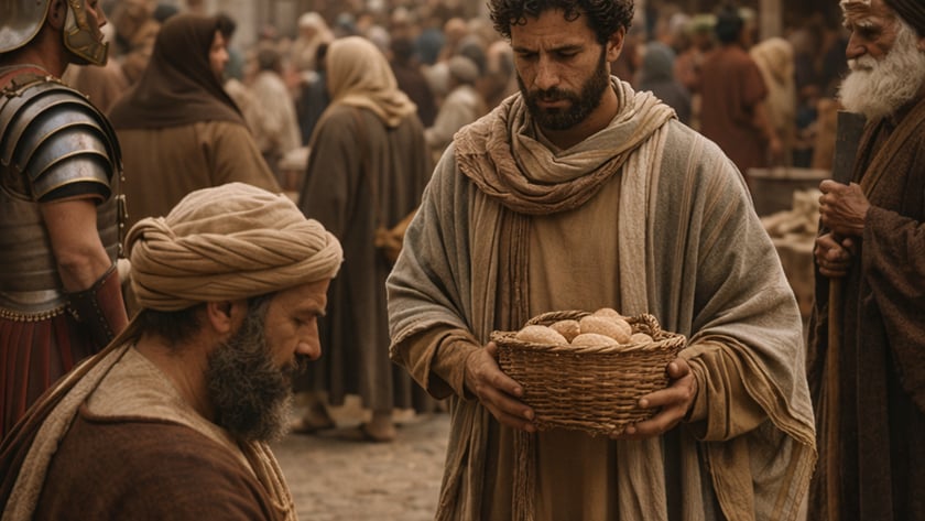 Homem de barba segura uma cesta de pães diante de um cambista numa praça movimentada.