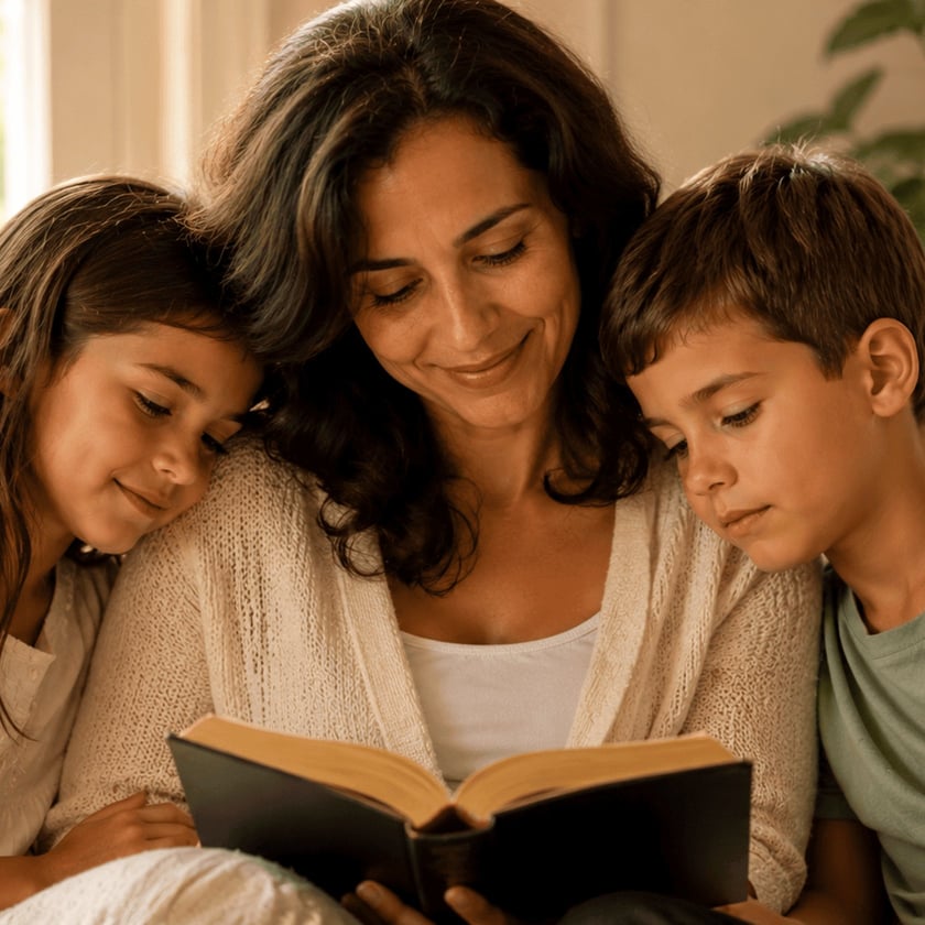 Mulher lê um livro aberto, abraçada por uma menina e um menino.