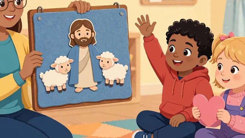 Professora mostra painel de feltro com Jesus e ovelhas a uma criança de braço levantado.
