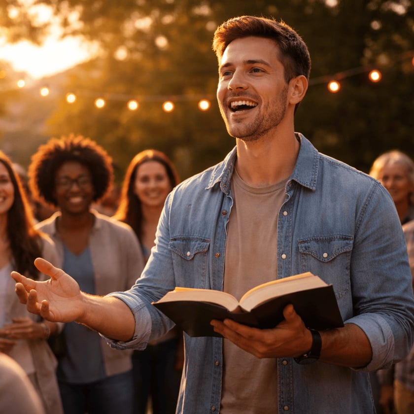 Homem sorridente segura um livro aberto e estende a mão diante de pessoas ao ar livre.