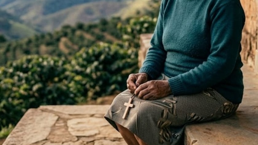 Idosa de suéter verde segura um terço de cruz, sentada diante de casa de tijolos, olhando montanhas.