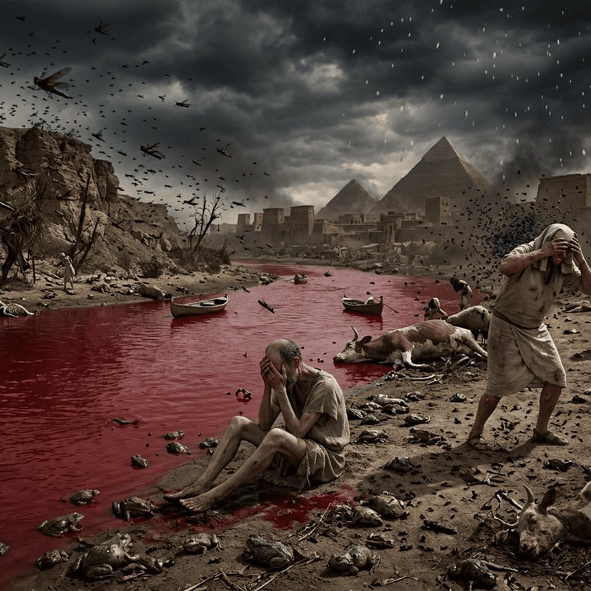 Homens aflitos junto a um rio vermelho, com gado morto, rãs, gafanhotos e pirâmides ao fundo.