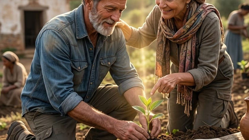 Casal de idosos planta uma muda na terra, ao lado de uma Bíblia aberta com crucifixo.