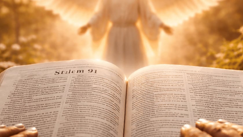 Mãos seguram uma Bíblia aberta diante de um anjo de asas brancas com braços abertos: "Stalem 91"