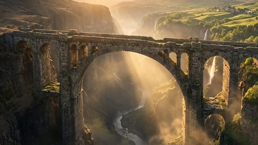 Antiga ponte de pedra com arcos sobre desfiladeiro verde com cachoeiras e rio.