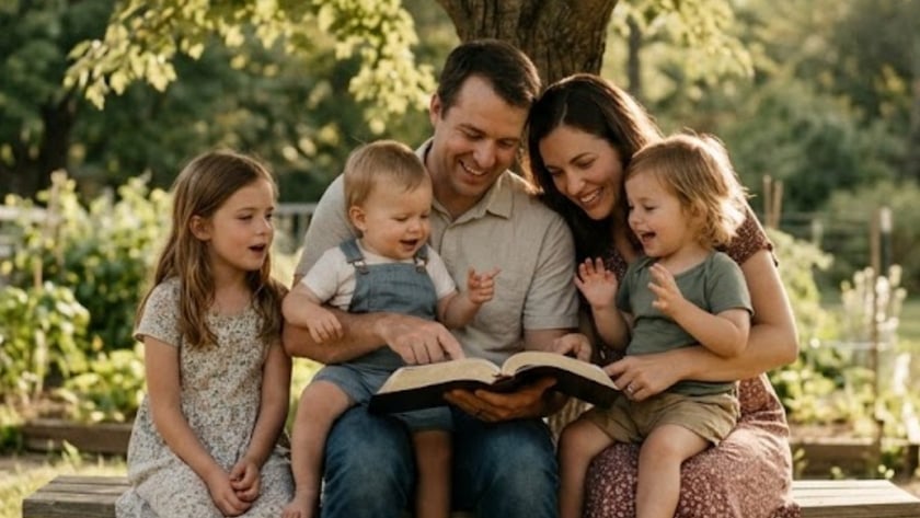 Casal sentado em um banco sob uma árvore lê um livro com duas crianças pequenas.