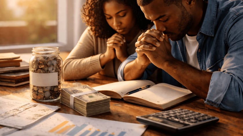 Casal de cabeça baixa e mãos unidas à mesa, com dinheiro, moedas e gráficos.