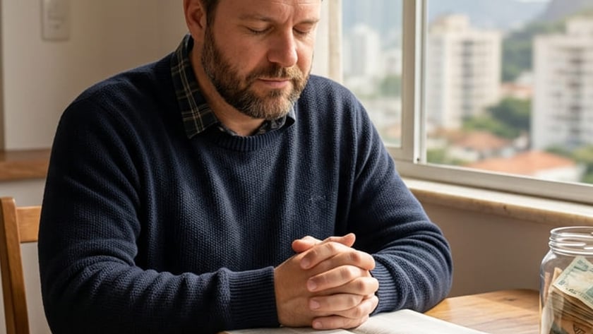Homem de barba, de olhos fechados e mãos unidas, sentado à mesa com livros abertos e calculadora.