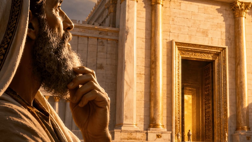 Homem barbudo de perfil observa um grande templo de mármore e ouro, com sacerdotes no pátio.