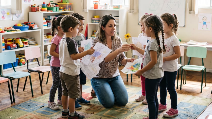 Professora ajoelhada mostra desenhos a cinco crianças em sala com faixa "Feliz Dia das Crianças"