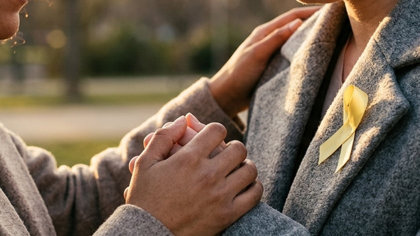 Duas mulheres de casaco se olham em um parque, de mãos dadas; uma chora.