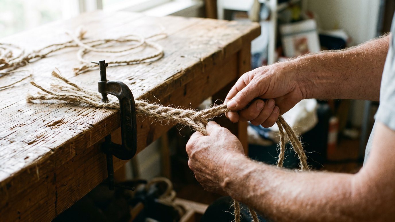 Mãos de um homem trançam corda de sisal sobre uma bancada de madeira com grampo.