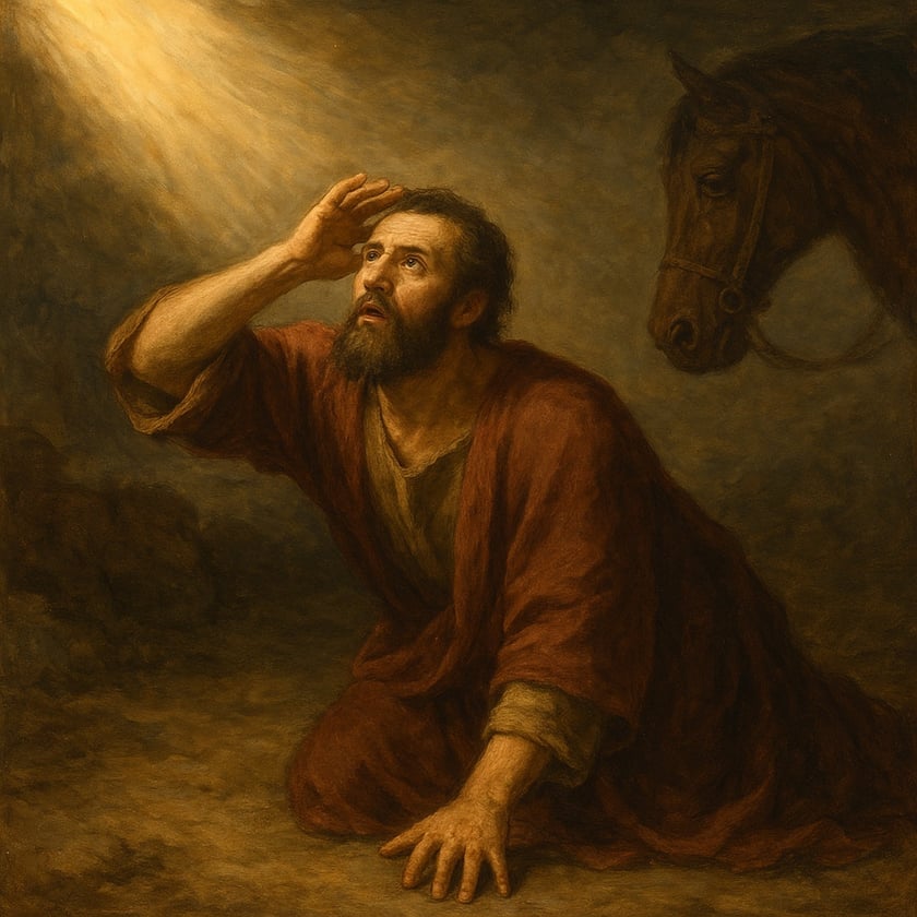 Homem barbudo de túnica vermelha ajoelhado protege os olhos da luz; um cavalo aparece ao fundo.