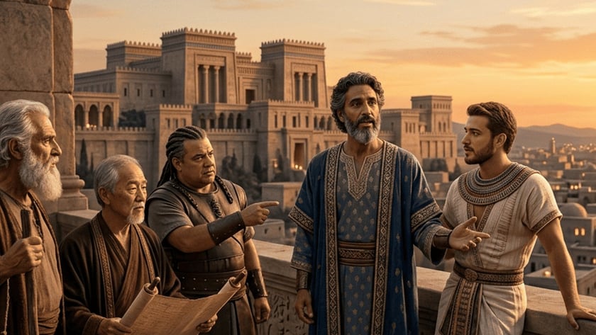 Cinco homens conversam numa sacada de pedra diante de uma grande cidade antiga ao entardecer.
