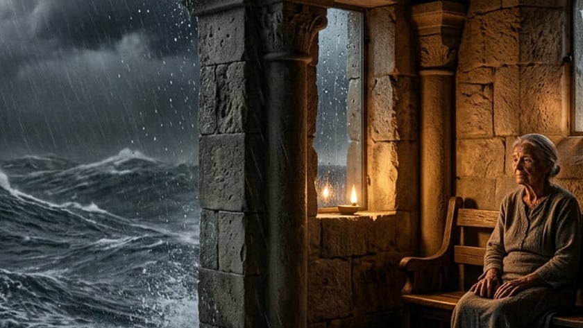 Mar tempestuoso com raio e chuva visto de uma arcada de pedra com vela acesa.