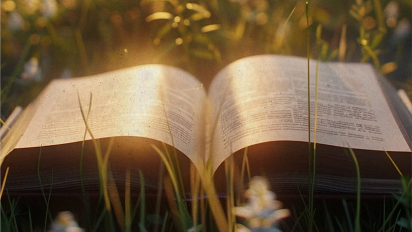 Livro aberto sobre a grama, entre pequenas flores brancas em um campo.