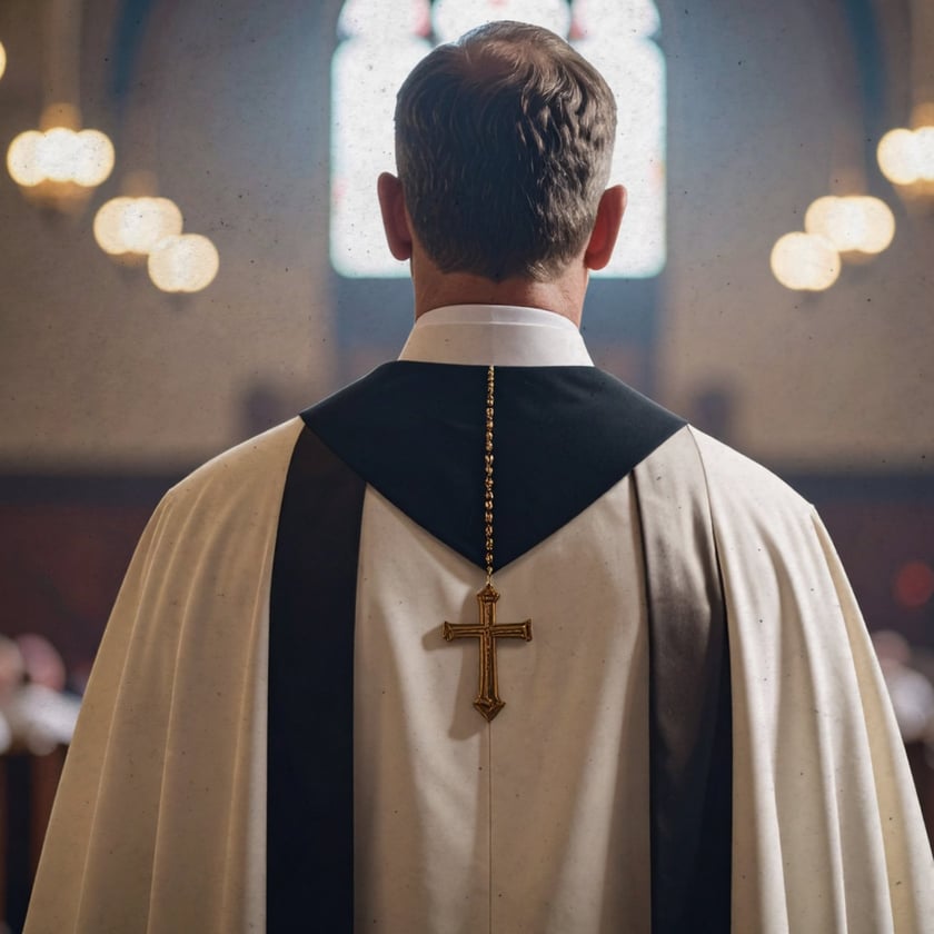 Padre de costas, com vestes brancas e pretas e cruz dourada, dentro de uma igreja.
