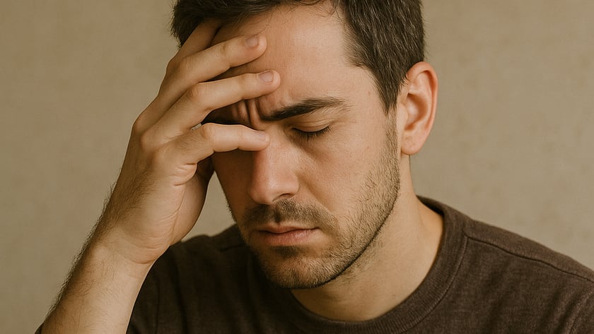 Homem de olhos fechados, com a mão na testa, segura uma Bíblia: "HOLY BIBLE".