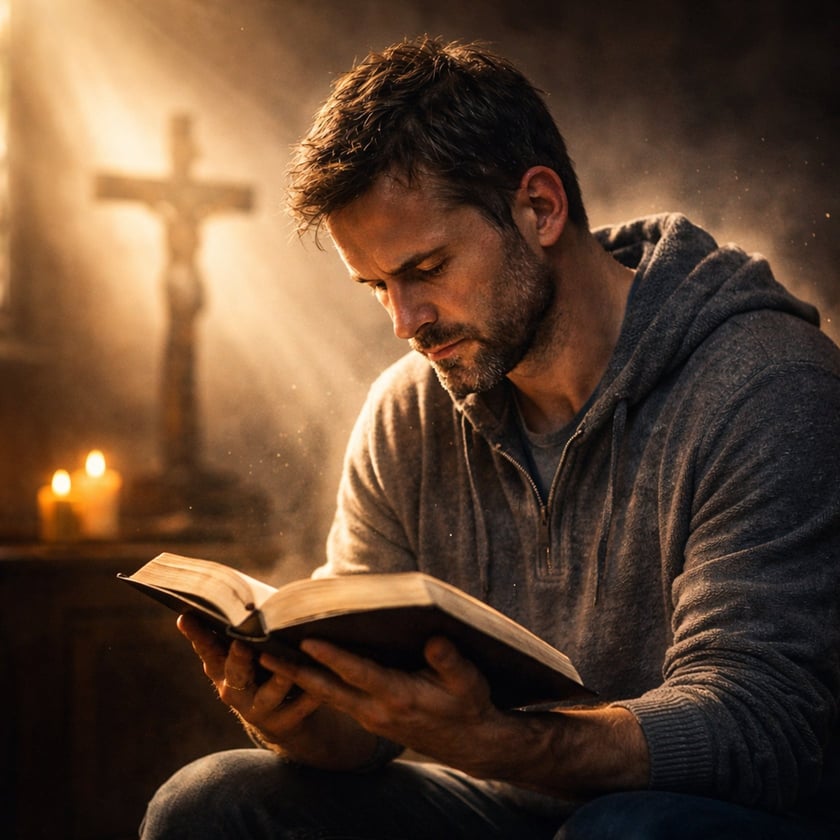 Homem de barba e moletom lê uma Bíblia diante de um crucifixo e velas.
