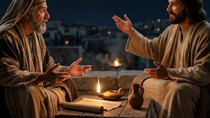 Dois homens de túnica conversam gesticulando à noite
