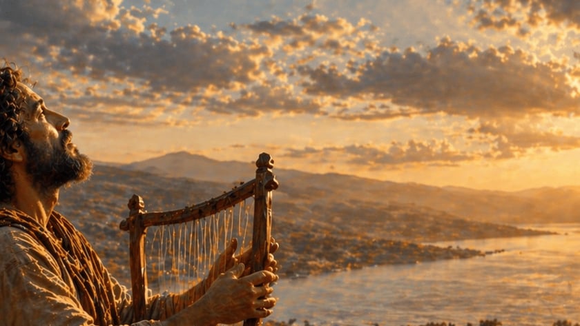 Pessoa de túnica e sandálias segura uma harpa e olha um lago ao pôr do sol.