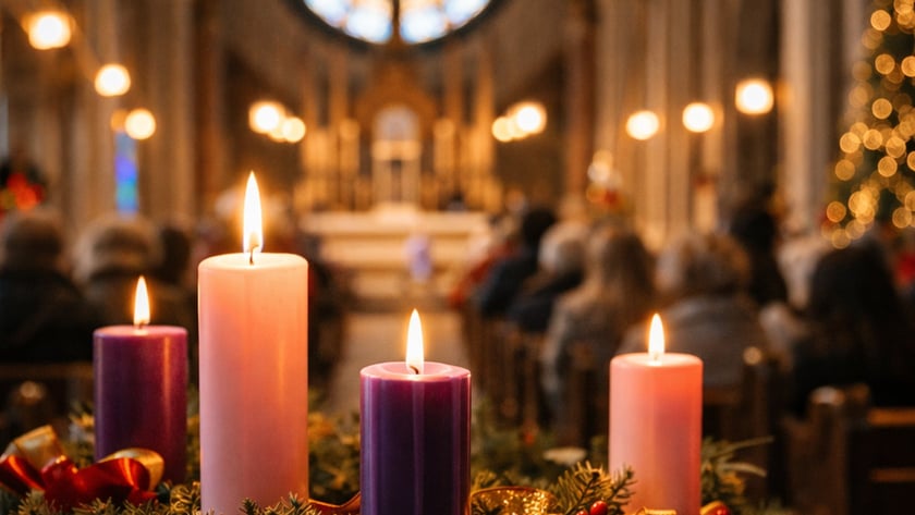 Coroa do Advento com quatro velas acesas dentro de uma igreja com fiéis sentados