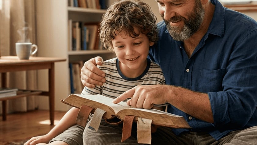Homem barbado e menino de cabelo cacheado leem um livro grande sentados no tapete.