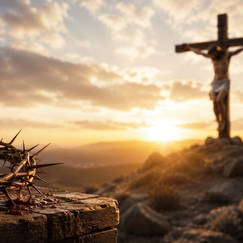 Crucifixo de madeira com Cristo em colina rochosa ao pôr do sol