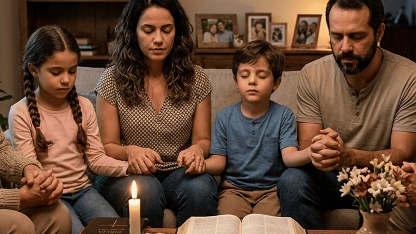 Família de mãos dadas e olhos fechados, rezando no sofá diante de uma Bíblia aberta.