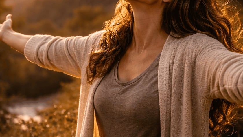 Mulher de cabelos longos e ondulados, de braços abertos e olhos fechados, em um vale ao pôr do sol.