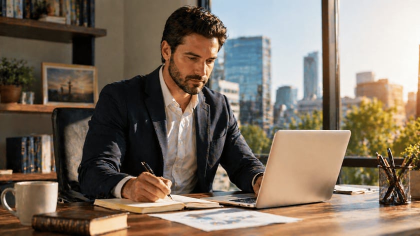 Homem de blazer escreve em caderno enquanto usa notebook, com prédios ao fundo.