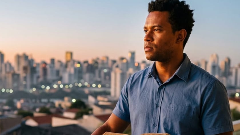 Homem de camisa azul segura um livro aberto em uma varanda, diante de uma cidade.