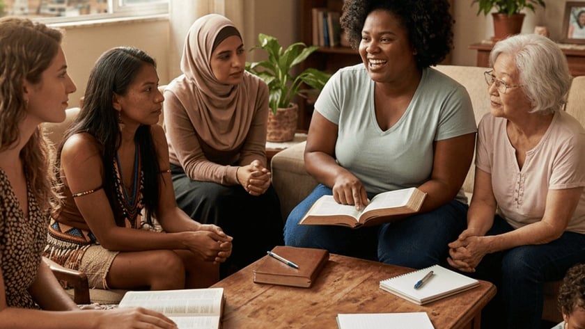 Cinco mulheres e uma criança conversam numa sala, com Bíblias abertas e cadernos sobre a mesa.