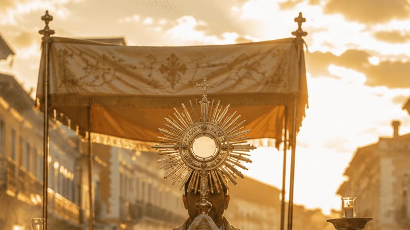 Sacerdote carrega ostensório sob dossel em procissão, seguido por coroinhas com castiçais numa rua.